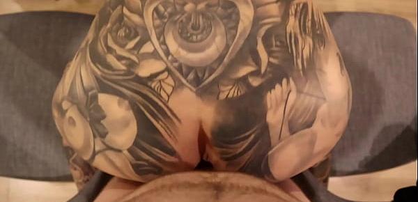  BIG TIT Big Thick ASS Tattooed Milf Gets Fucked Hard While Trying To Film Herself with Her Legs Spread On Two Chairs POV - Melody Radford